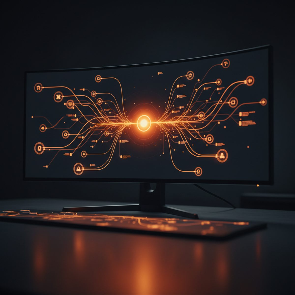 Workflow-automatisering: verbonden knopen met gloeiende oranje lijnen op een scherm