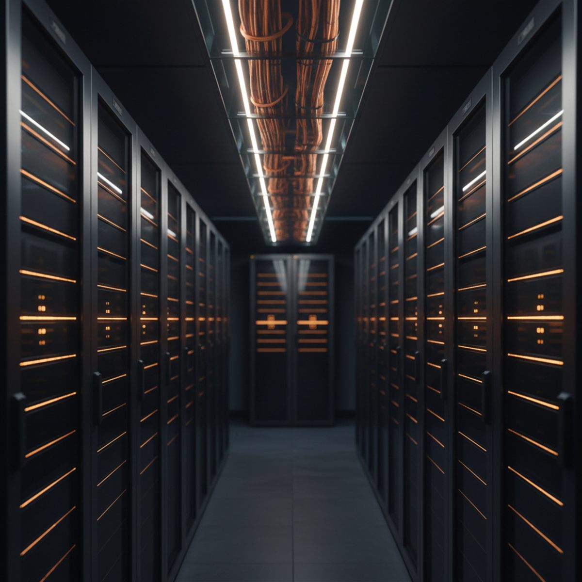 Webhosting: moderne serverruimte met oranje status-LED's